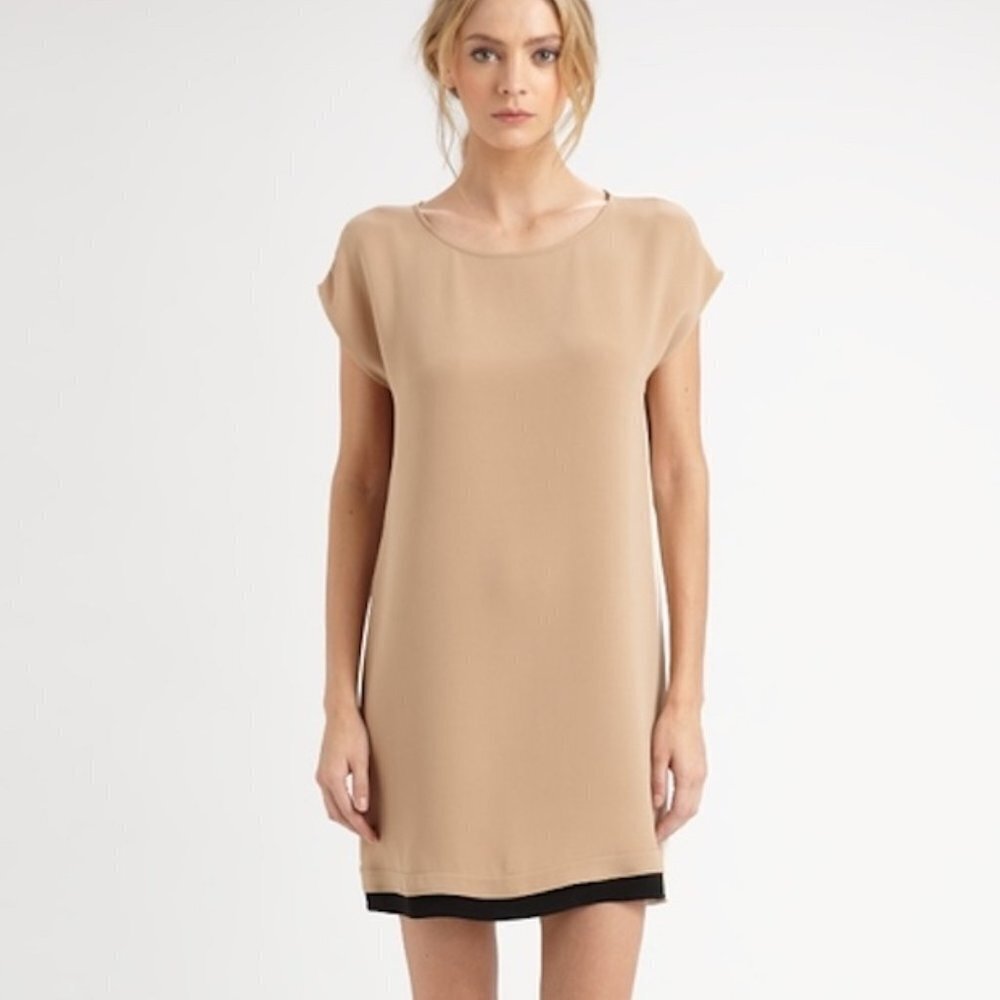 Joie - Nixon Colorblock Silk Shift Dress in Tan, Natural, Black - S - $398